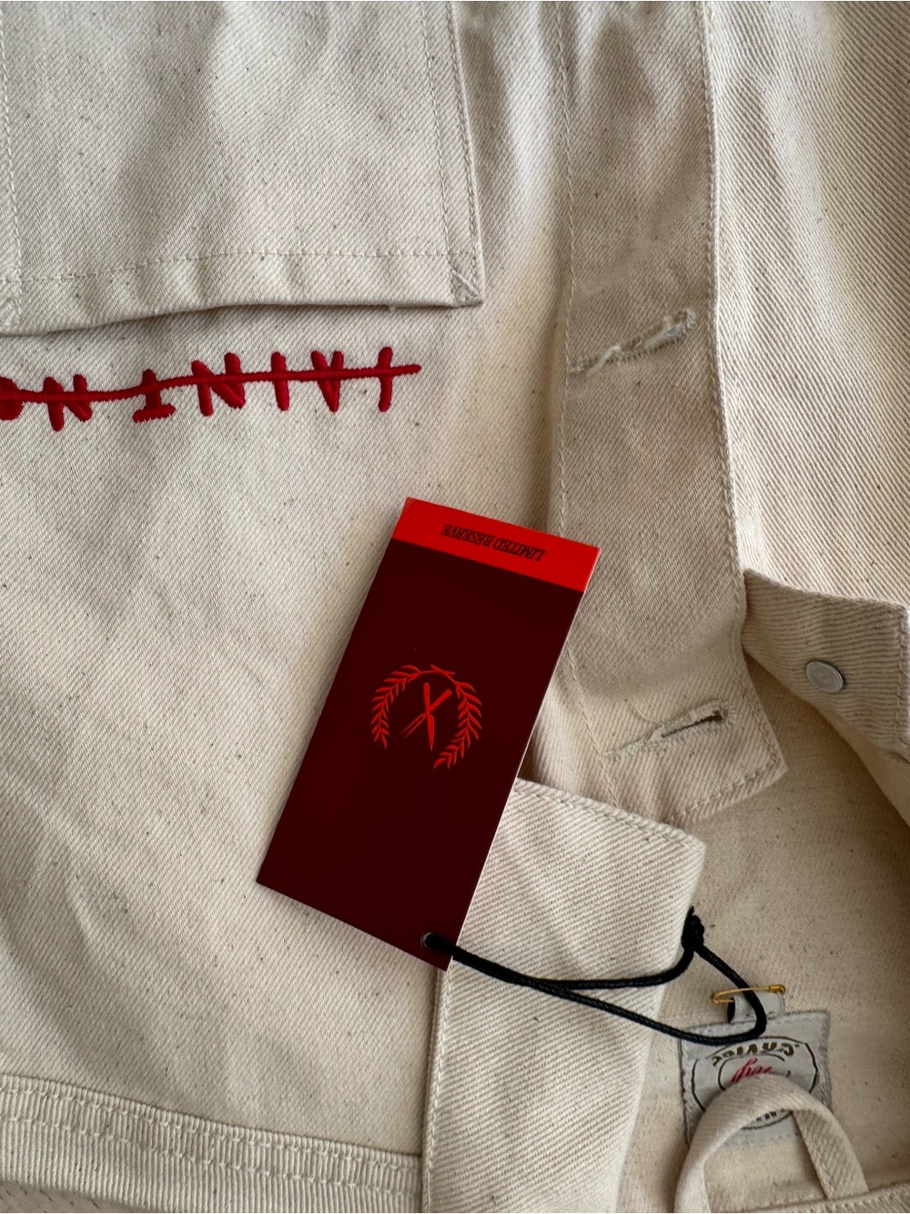 Cream Graphic Jean Jacket with Red Accent Print - Picture 6 of 10